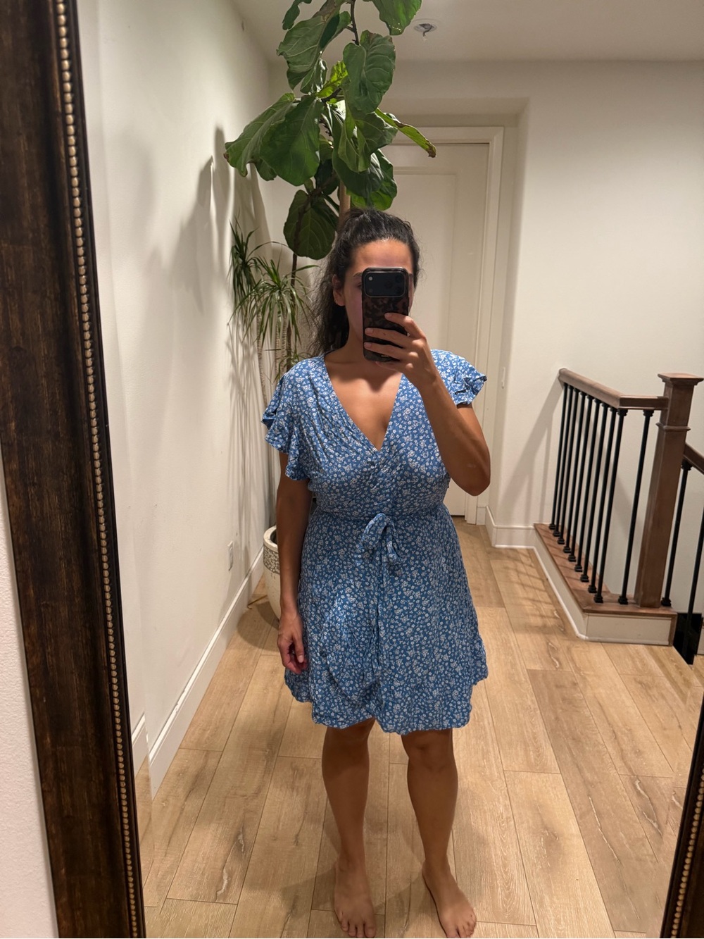 Blue Floral Wrap Dress with Tie Waist